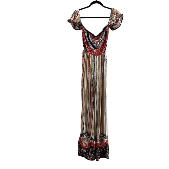 Flying Tomato S Boho Printed Side Cutouts Off The Shoulder Wide Leg Jumpsuit NWT - Picture 2 of 12